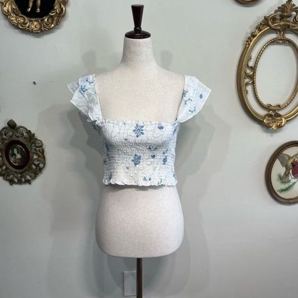 Winston White Women "Lover" Smocked Ruffle Crop Top in Blue Floral - Size M